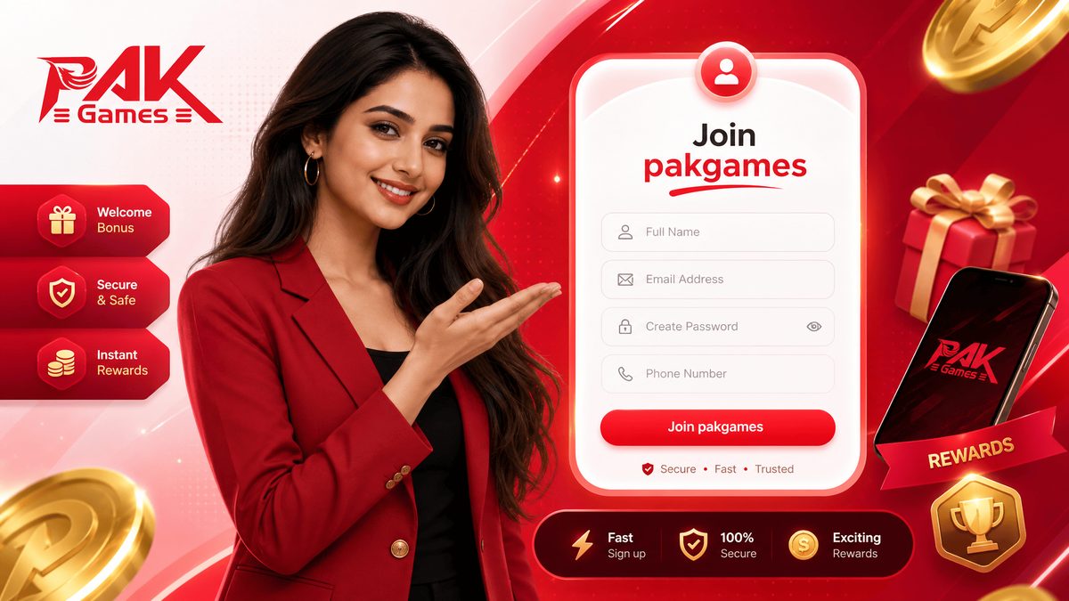 Pak Games register banner showing a signup form on a phone next to the Pak Games logo